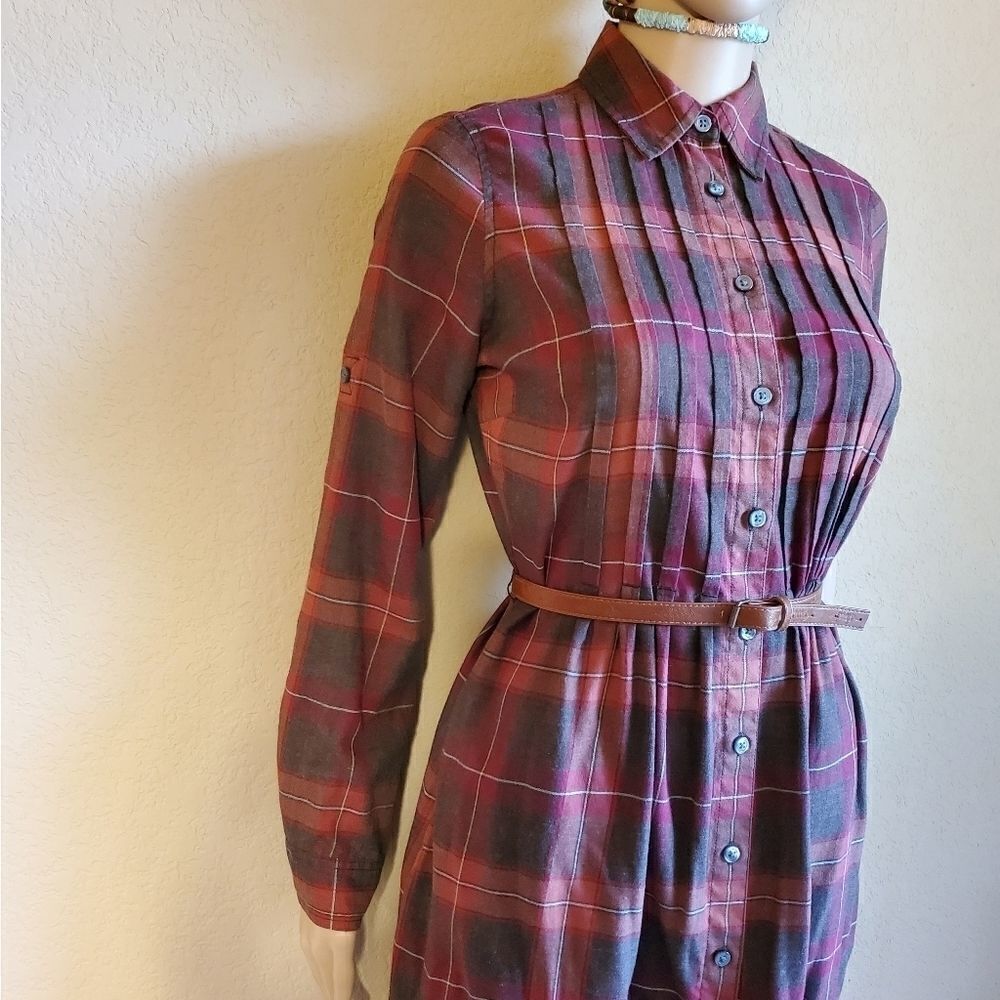 Vtg Women's Belted Long-Sleeve Plaid Shirt dress - Picture 7 of 12